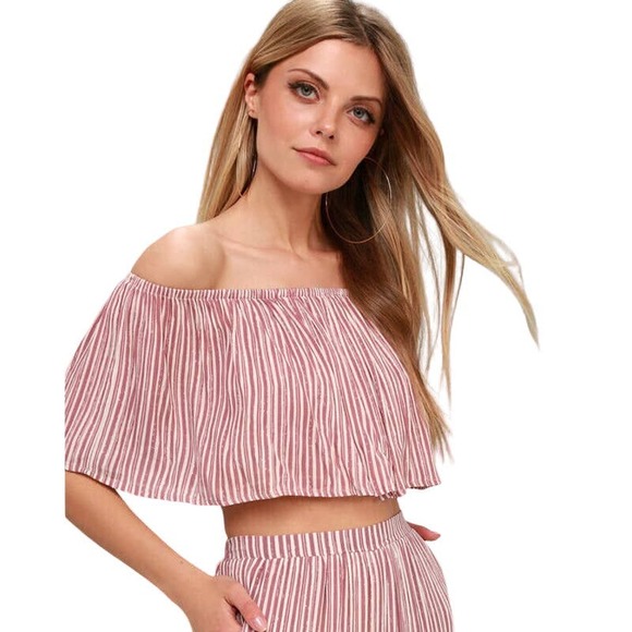 Lulu's Pink White Striped Off The Shoulder 100% Rayon Ruffled Crop Top XS - Picture 1 of 14